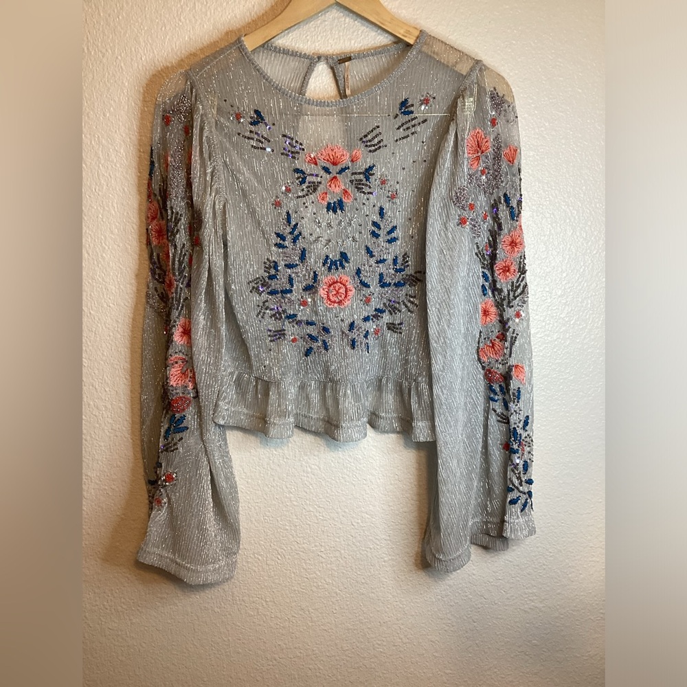 Free People Silver Metallic Embroidered Blouse size xs